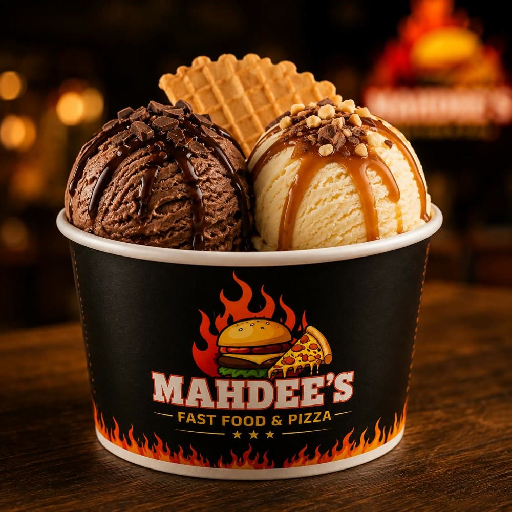 Mahdee's ice cream cup, chocolate and caramel scoops
